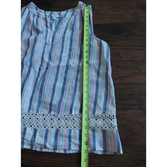 Crown & Ivy 100% Linen Striped Sleeveless Lace Trim V Neck Shirt Women's Medium - Picture 9 of 11